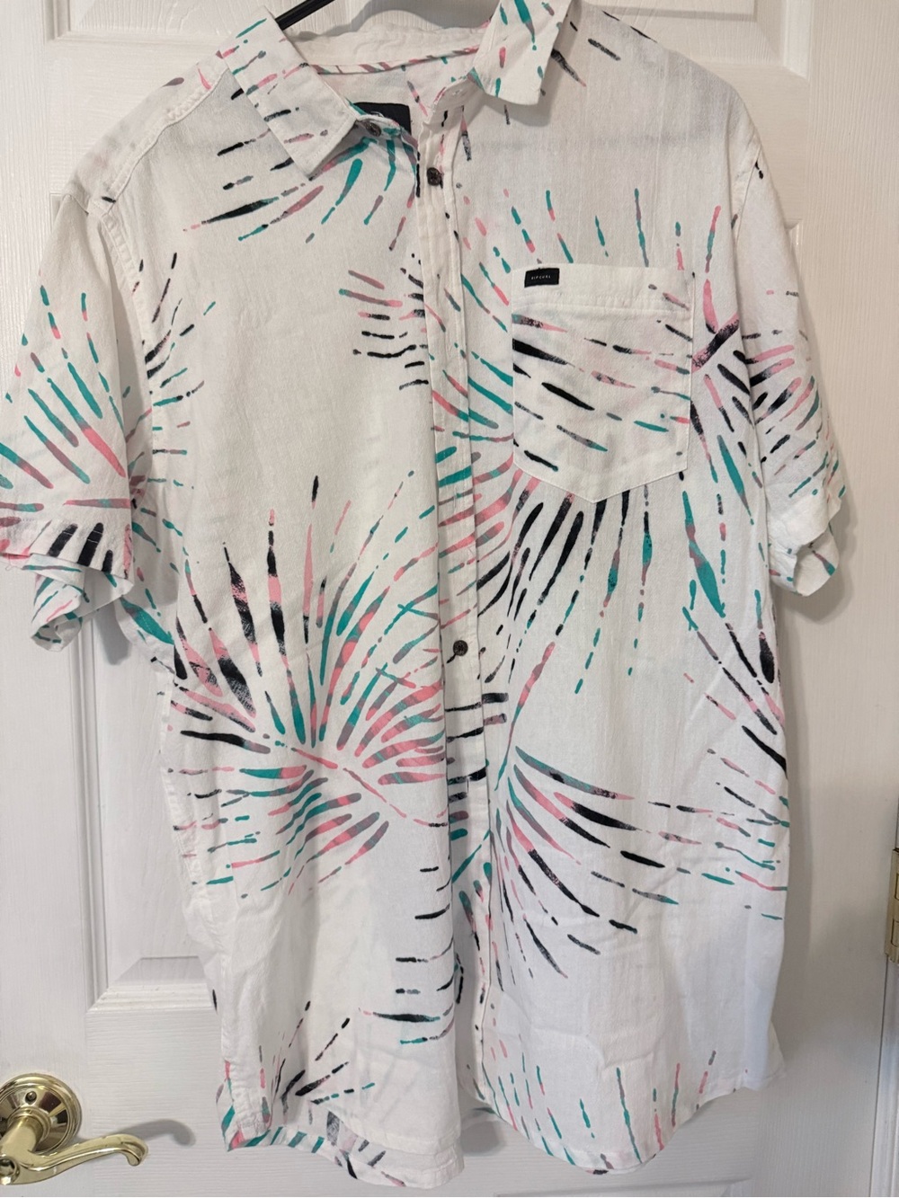 White Short Sleeve Button-Up Shirt with Pastel Burst Print
